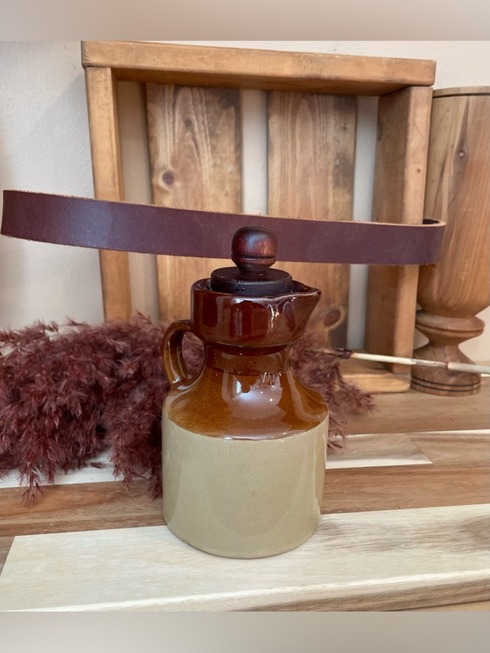 Vintage 70's Stoneware Oil & Vinegar Cruet With Cork Stopper